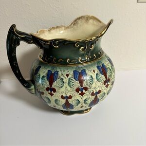Antique Haynes Balto Majolica Pitcher – Hand Painted Floral, 8” – Late 1800s